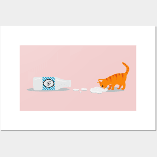 Tabby cat with spilled milk Posters and Art